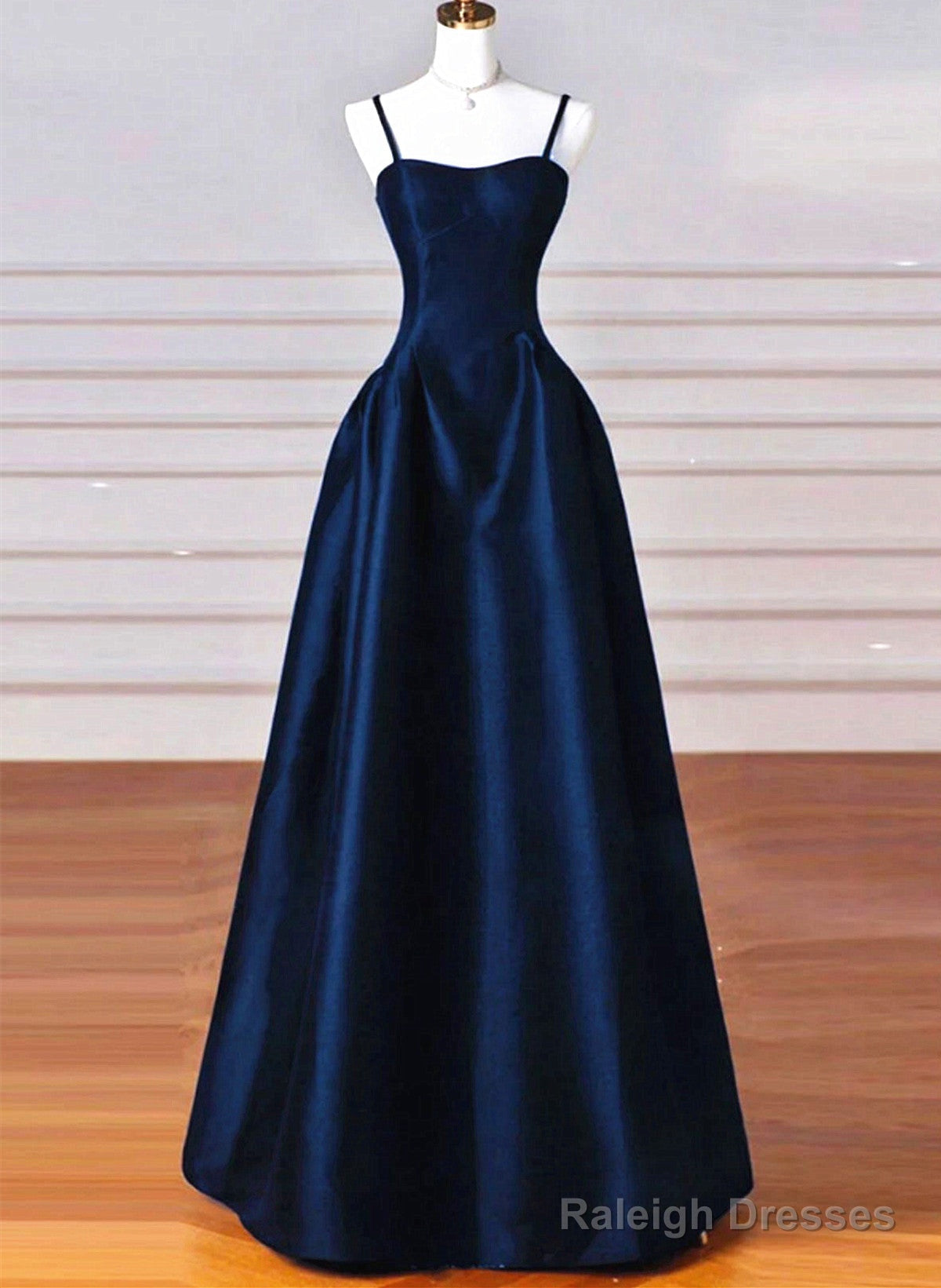 A-Line Navy Blue Satin Straps Long Formal Dress, Navy Blue Prom Dress Main image