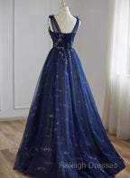 A-Line Navy Blue Tulle Beaded V-Neckline Party Dress, Navy Blue Shiny Tulle Prom Dress