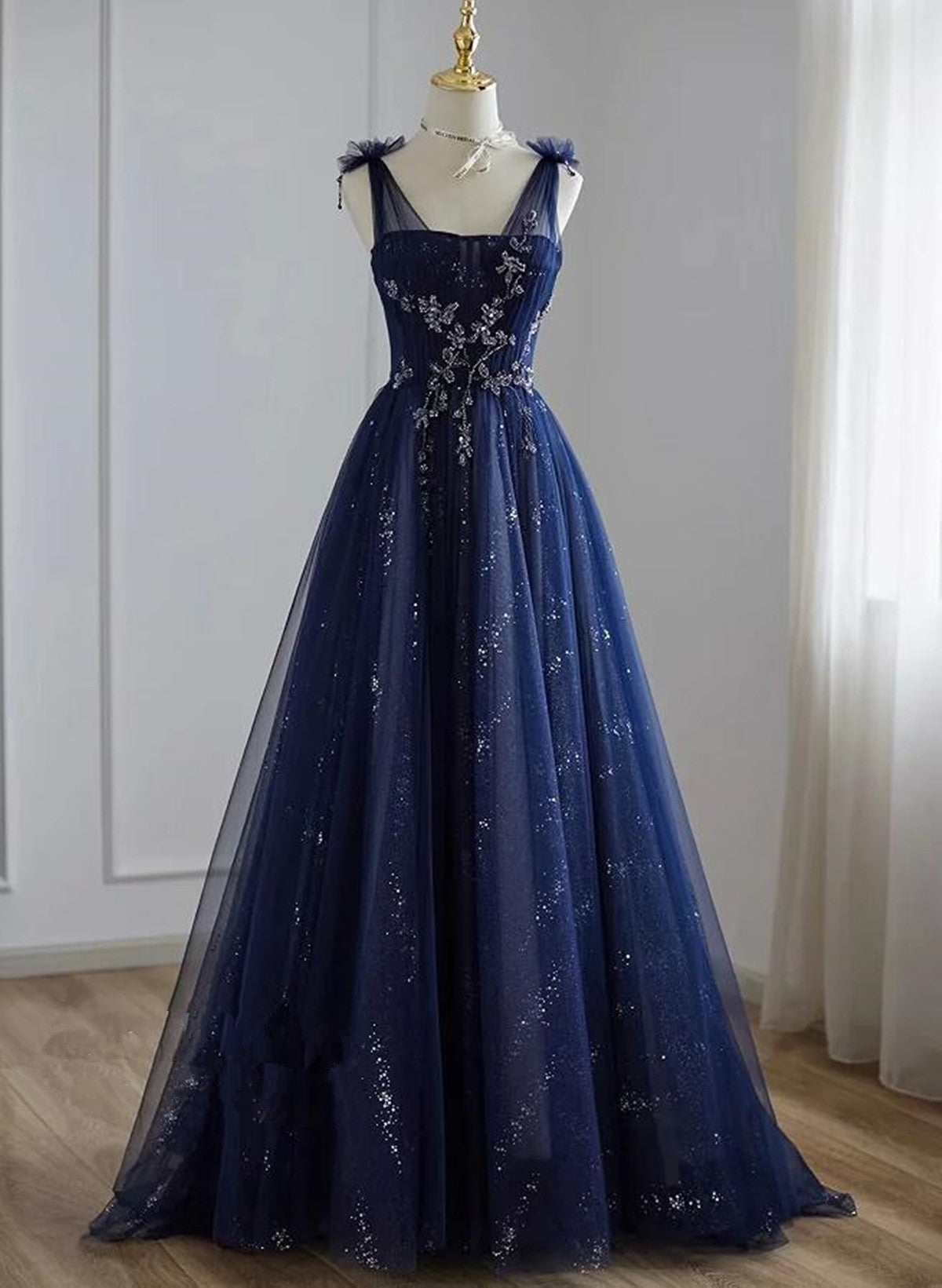 A-Line Navy Blue Tulle Beaded V-Neckline Prom Dresses Navy Blue Shiny Tulle Prom Dresses