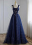 A-Line Navy Blue Tulle Beaded V-Neckline Prom Dresses Navy Blue Shiny Tulle Prom Dresses