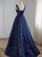 A-Line Navy Blue Tulle Beaded V-Neckline Prom Dresses Navy Blue Shiny Tulle Prom Dresses