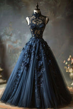 A-Line Navy Blue Tulle High Neck Prom Dress Long Charming Prom Dresses