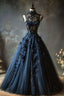 A-Line Navy Blue Tulle High Neck Prom Dress Long Charming Prom Dresses