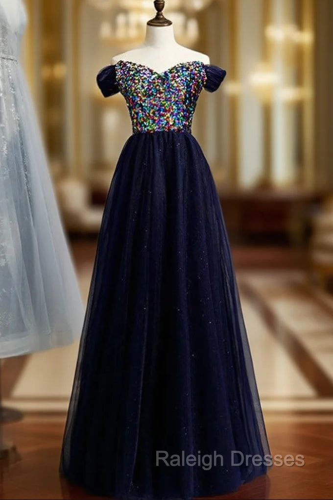 A Line Navy Blue Tulle Sequins Off the Shoulder Prom Dresses
