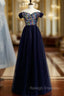 A Line Navy Blue Tulle Sequins Off the Shoulder Prom Dresses
