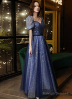 A-Line Navy Blue Tulle Short Sleeves Long Prom Dresses Navy Blue Prom Dresses