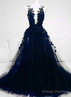 A-Line Navy Blue Tulle With Lace Long Prom Dresses Navy Blue Prom Dresses