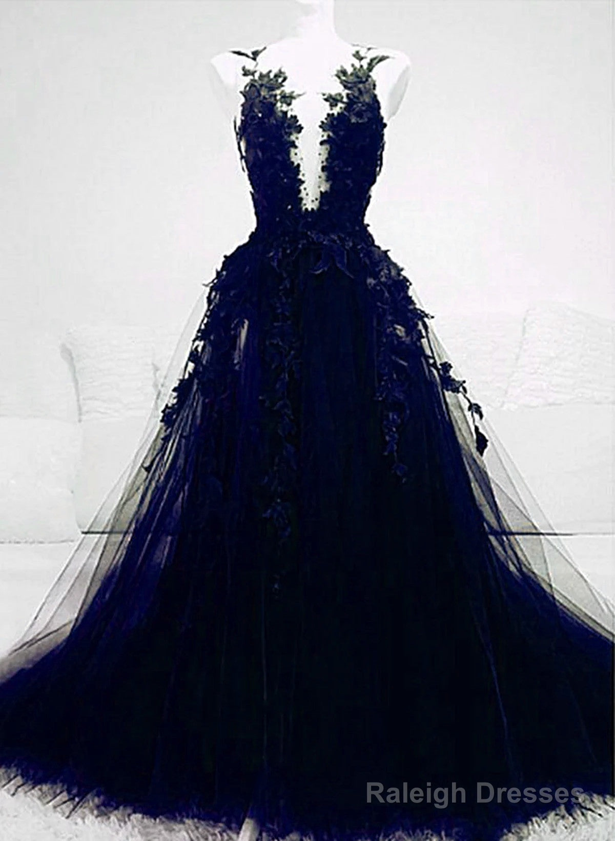 A-Line Navy Blue Tulle With Lace Long Evening Dress, Navy Blue Prom Dress Main image