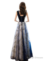 A-Line Navy Blue Tulle With Lace Long Party Dress, Navy Blue Floor Length Prom Dress