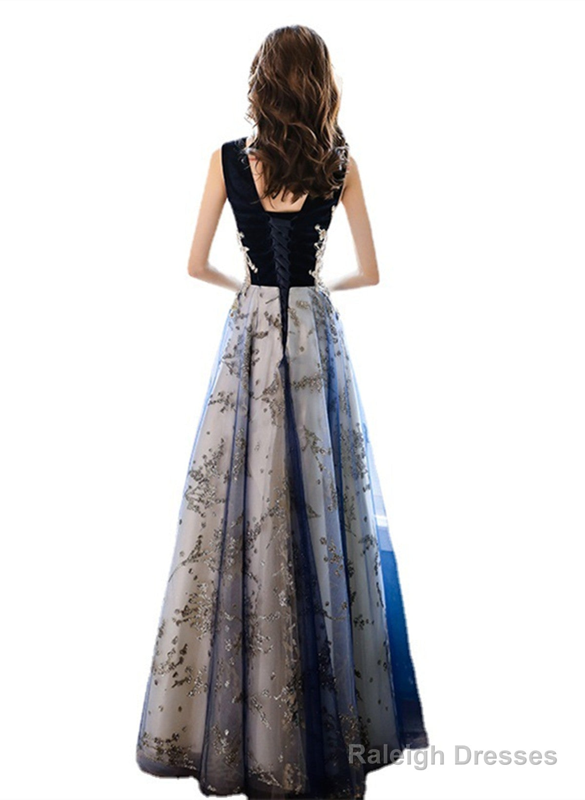 A-Line Navy Blue Tulle With Lace Long Party Dress, Navy Blue Floor Length Prom Dress