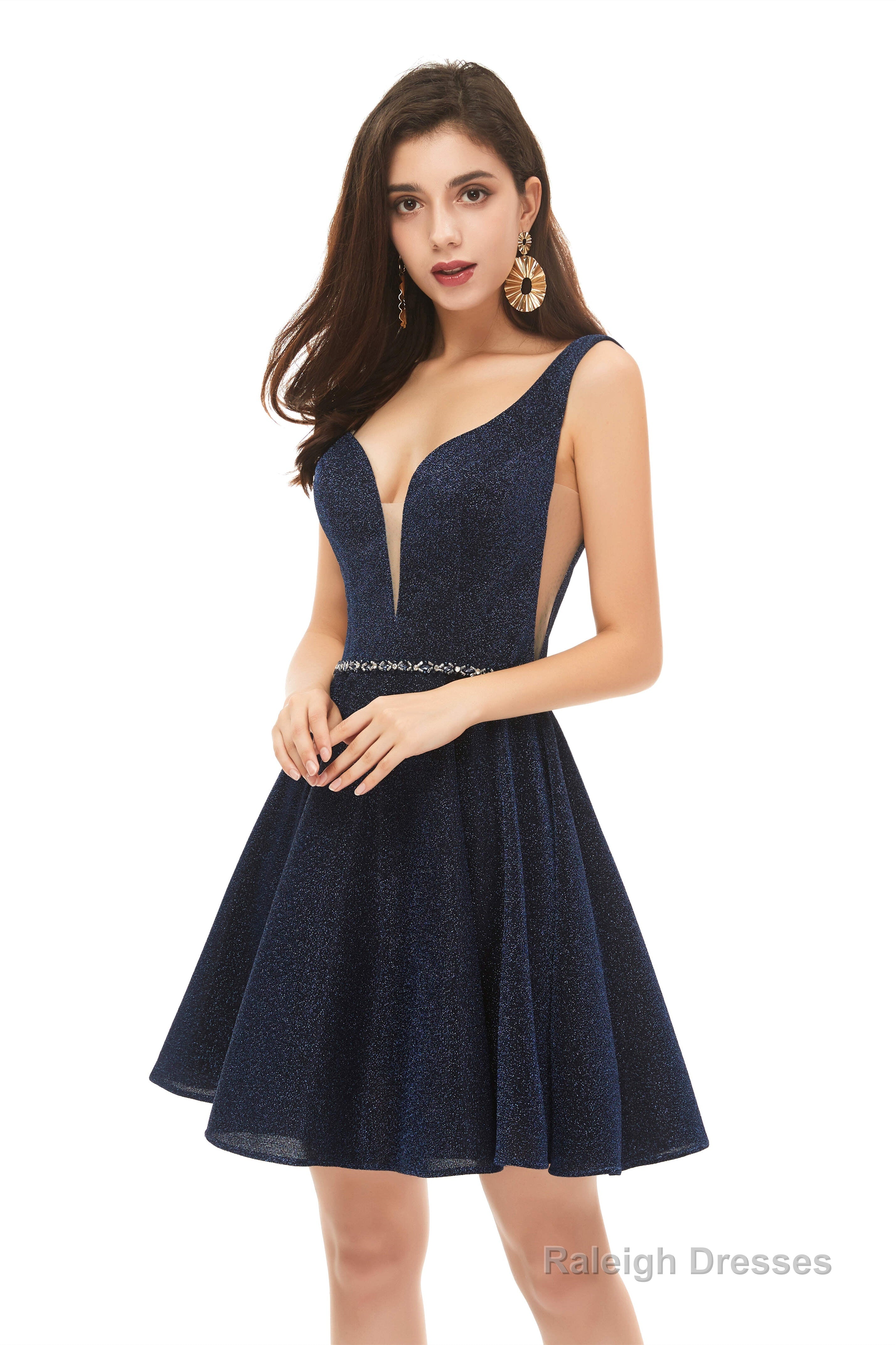 A-Line Navy Blue V-neck Mini Short Beading Homecoming Dresses k08