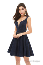A-Line Navy Blue V-neck Mini Short Beading Homecoming Dresses k08