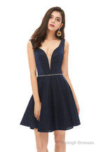 A-Line Navy Blue V-neck Mini Short Beading Homecoming Dresses k08