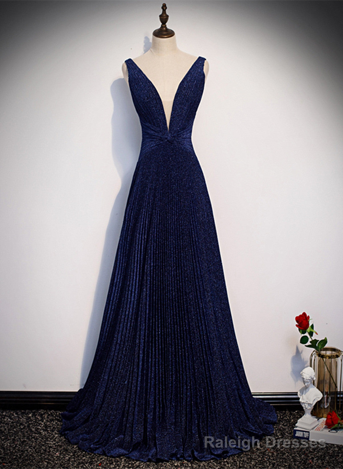 A-Line Navy Blue V-Neckline Long Party Dress, Navy Blue Long Prom Dress