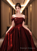 A Line Off Shoulder Beaded Wine Red Satin Prom Dress, Wine Red Prom Dress