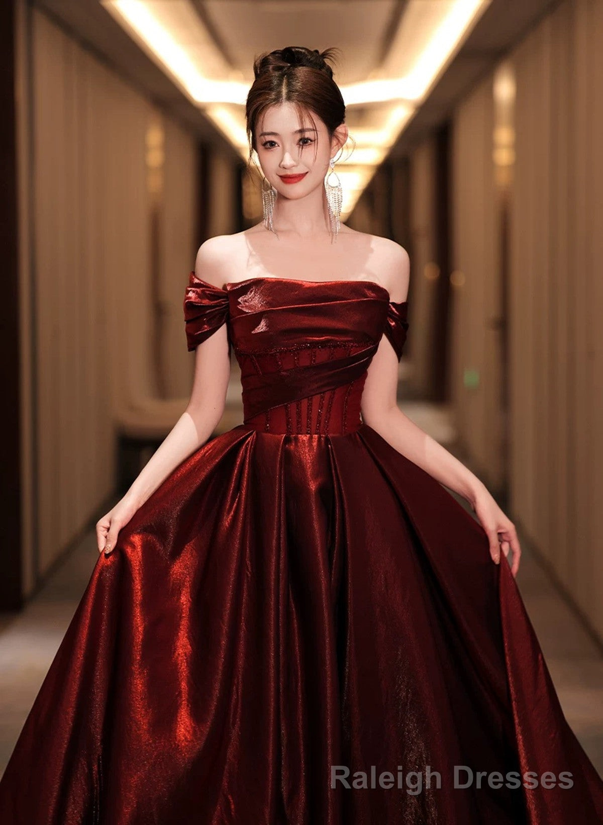 A-line Off Shoulder Beaded Wine Red Satin Prom Dress, Wine Red Party Dress Main image