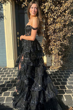 A Line Off Shoulder Black Lace Long Formal Prom Dress With High Slit