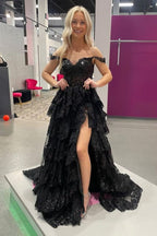 A Line Off Shoulder Black Lace Long Formal Prom Dress With High Slit