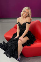 A Line Off Shoulder Black Lace Long Formal Prom Dress With High Slit
