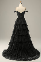 A Line Off Shoulder Black Lace Long Formal Prom Dress With High Slit