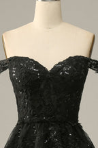 A Line Off Shoulder Black Lace Long Formal Prom Dress With High Slit