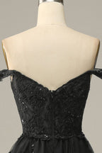 A Line Off Shoulder Black Lace Long Formal Prom Dress With High Slit