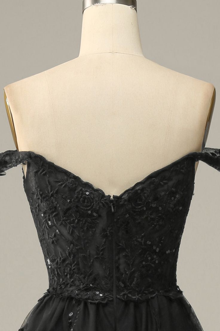 A Line Off Shoulder Black Lace Long Formal Prom Dress With High Slit