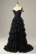 A Line Off Shoulder Black Lace Long Formal Prom Dress With High Slit