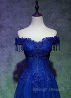 A-line Off Shoulder Blue Beaded and Lace Long Party Dress, Blue Formal Dress