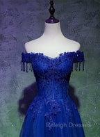 A Line Off Shoulder Blue Beaded and Lace Long Prom Dress, Blue Formal Dress