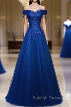 A Line Off Shoulder Blue Beaded and Lace Long Prom Dress, Blue Formal Dress