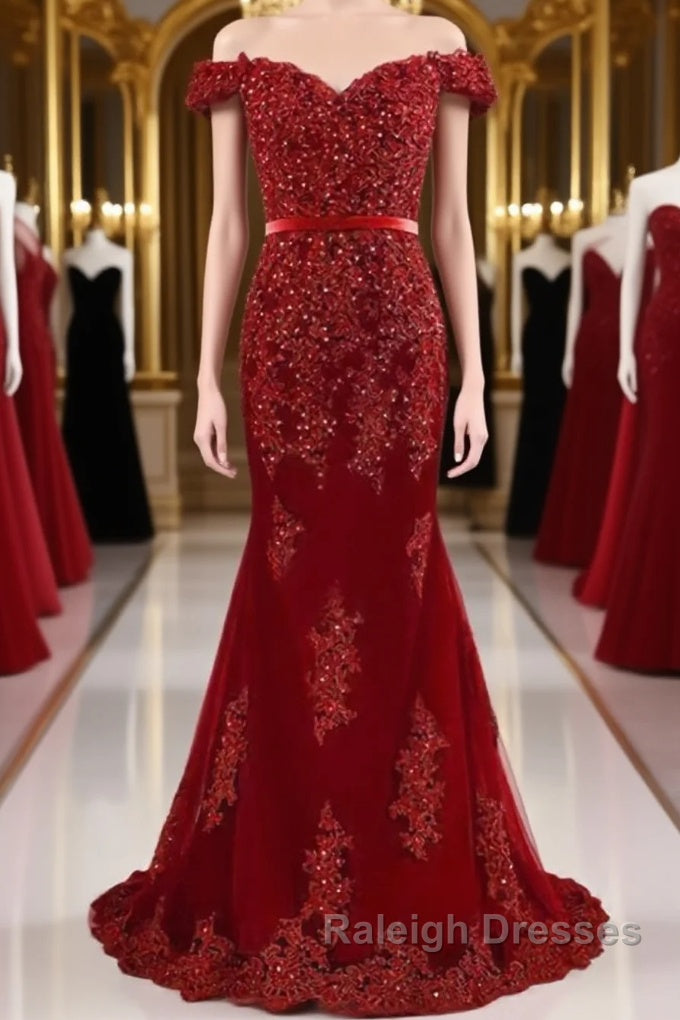 A Line Off Shoulder Burgundy Lace Prom Dresses, Burgundy Lace Formal Dresses, Bridesmaid Dresses Main image