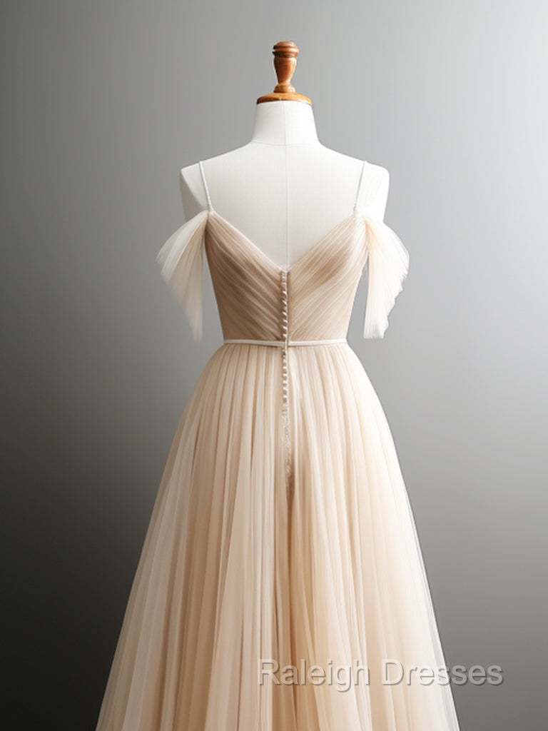 A-Line Off Shoulder Champagne Tulle Long Prom Dress, Champagne Long Evening Dress Secondary image