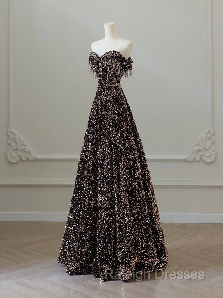 A-Line Off Shoulder Coffee Gold Sequin Long Prom Dress, Coffee Gold Formal Dress