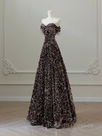 A Line Off Shoulder Coffee Gold Sequin Long Prom Dress, Coffee Gold Formal Dress