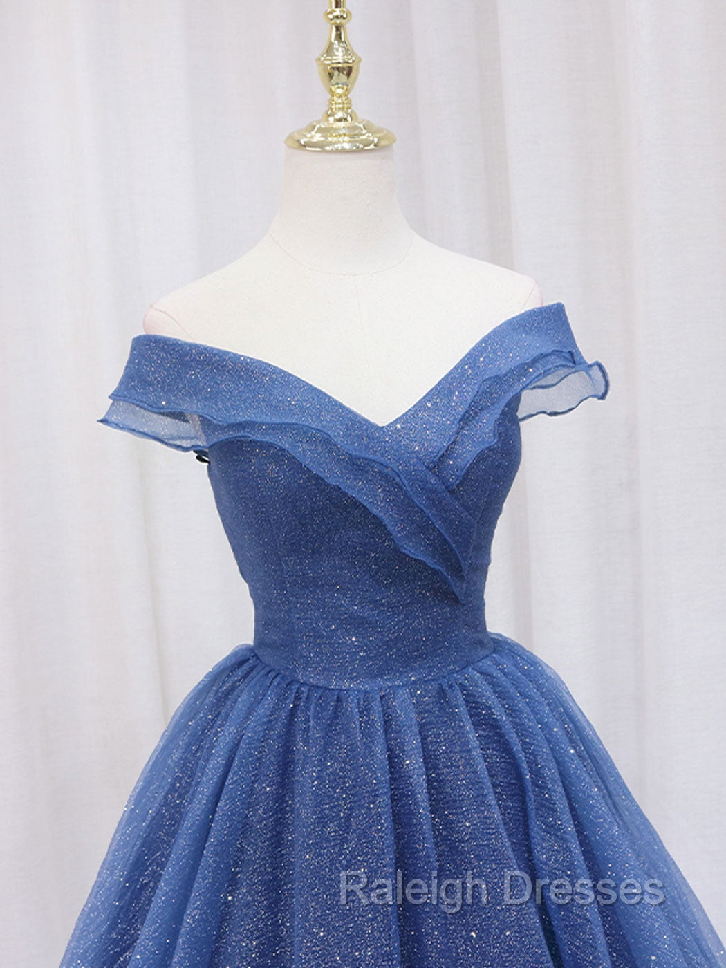 A Line Off Shoulder Dark Blue Long Prom Dresses Shiny Tulle Long Graduation Dresses Secondary image
