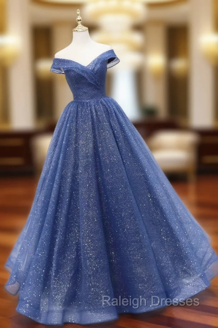 A-Line Off Shoulder Dark Blue Long Prom Dress, Shiny Tulle Long Graduation Dress Main image