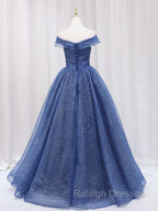 A-Line Off Shoulder Dark Blue Long Prom Dress, Shiny Tulle Long Graduation Dress