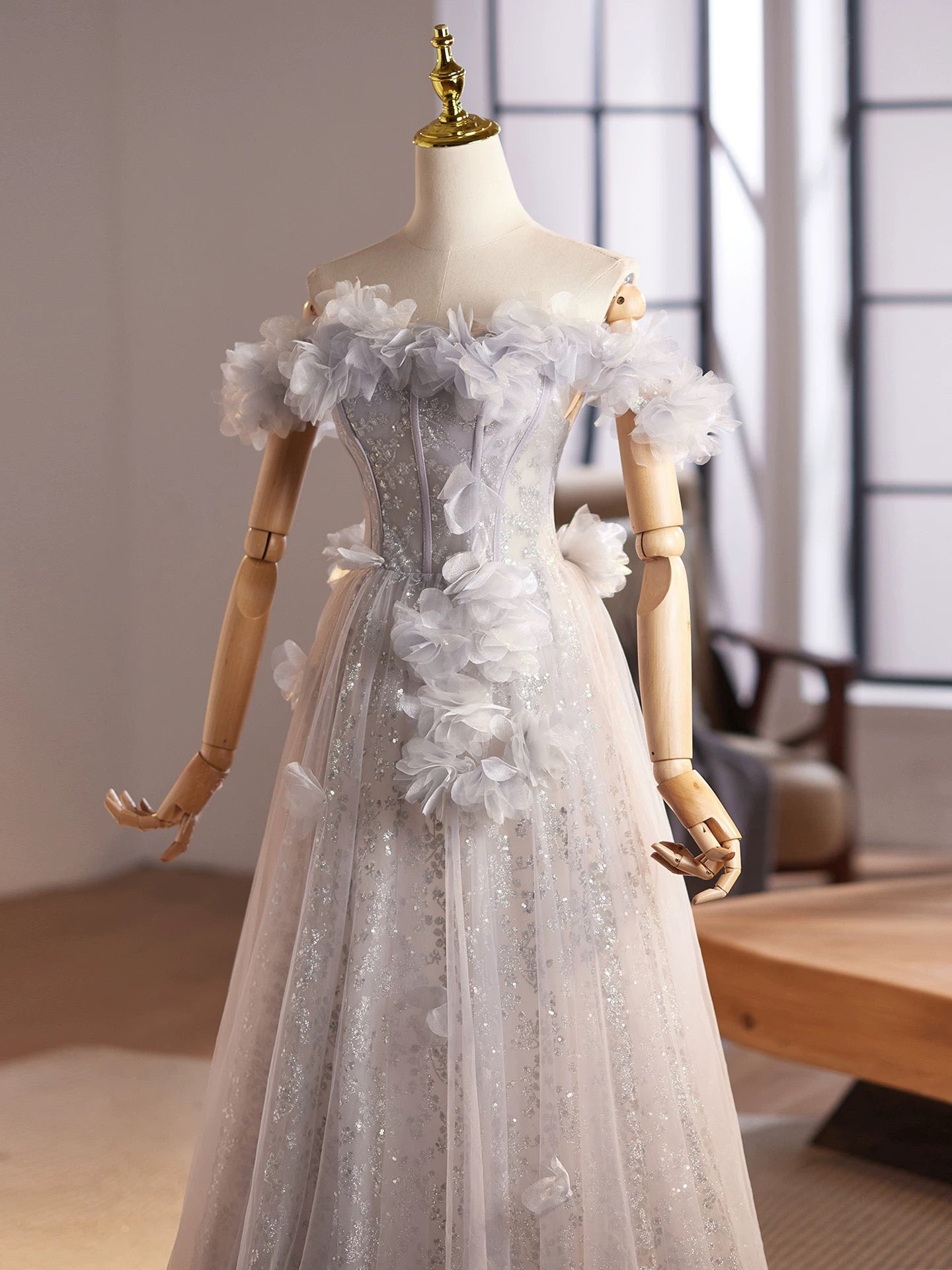 A-Line Off Shoulder Flower Tulle Gray Long Formal Prom Dress, Gray Formal Dress Secondary image