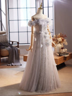 A-Line Off Shoulder Flower Tulle Gray Long Formal Prom Dress, Gray Formal Dress