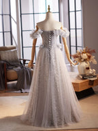 A-Line Off Shoulder Flower Tulle Gray Long Formal Prom Dress, Gray Formal Dress