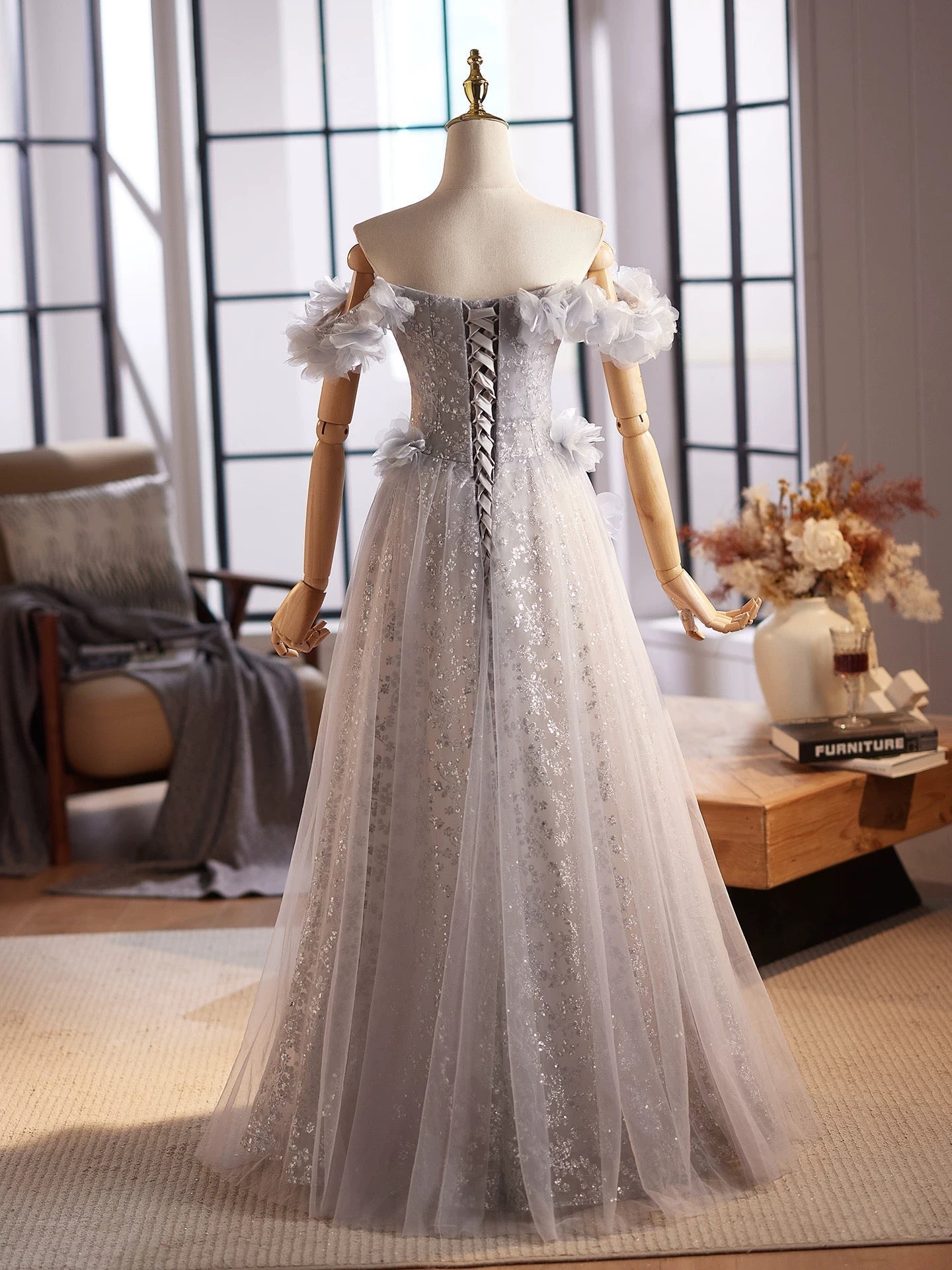 A-Line Off Shoulder Flower Tulle Gray Long Formal Prom Dress, Gray Formal Dress