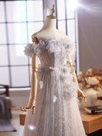 A-Line Off Shoulder Flower Tulle Gray Long Formal Prom Dress, Gray Formal Dress