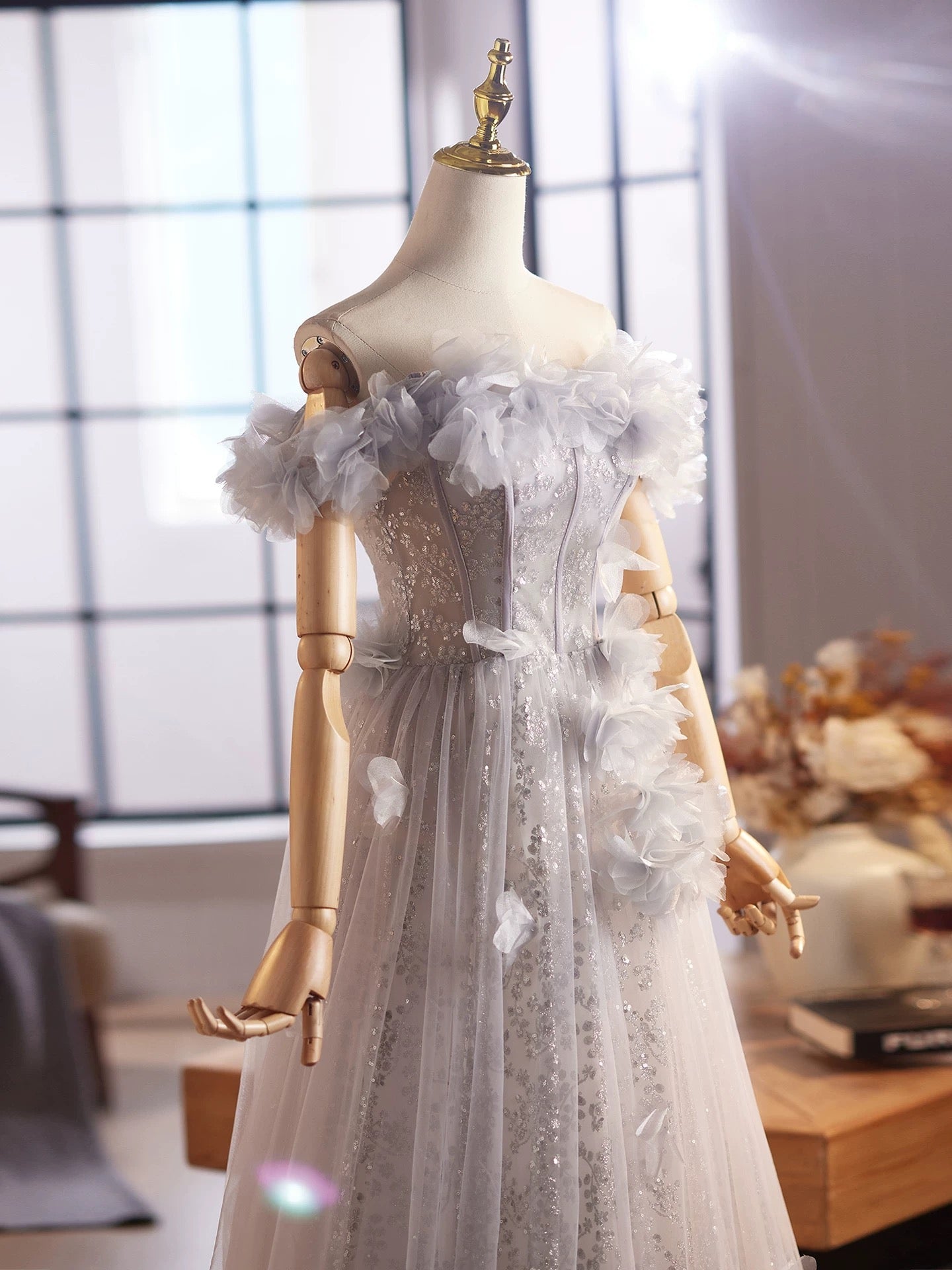 A-Line Off Shoulder Flower Tulle Gray Long Formal Prom Dress, Gray Formal Dress