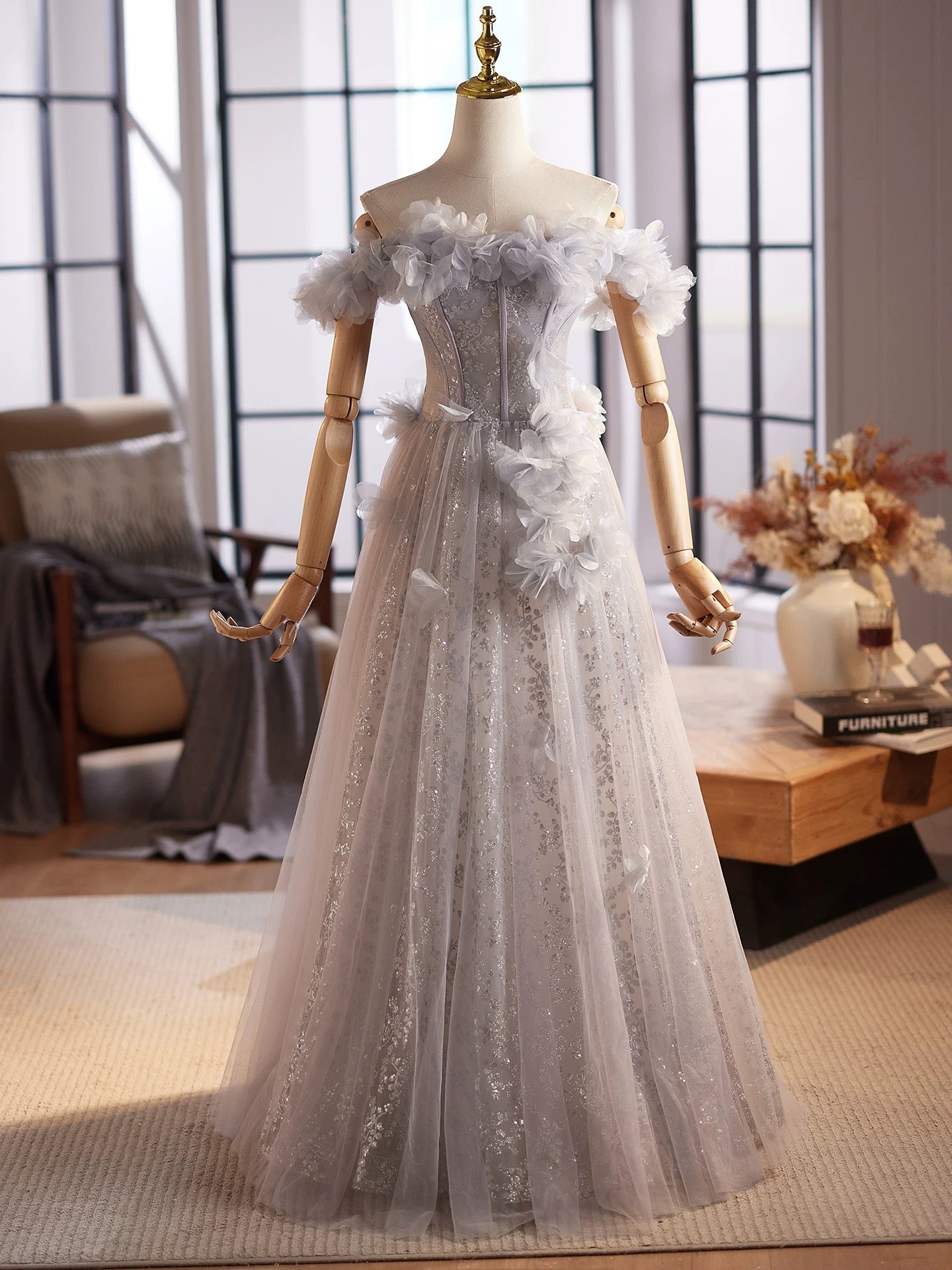 A-Line Off Shoulder Flower Tulle Gray Long Formal Prom Dress, Gray Formal Dress Main image