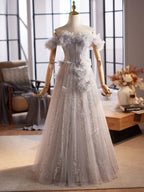 A-Line Off Shoulder Flower Tulle Gray Long Formal Prom Dress, Gray Formal Dress