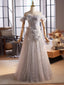A-Line Off Shoulder Flower Tulle Gray Long Formal Prom Dress, Gray Formal Dress