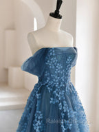 A-line Off Shoulder Gray Blue Tulle Long Prom Dress, Gray Blue Long Formal Dress