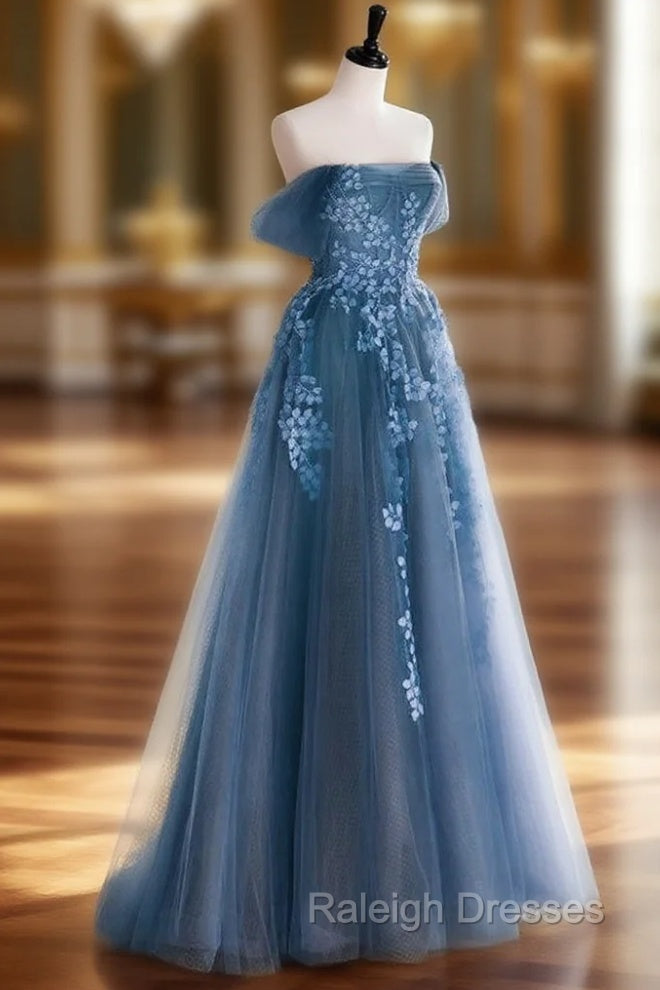 A Line Off Shoulder Gray Blue Tulle Long Prom Dresses Gray Blue Long Prom Dresses Main image
