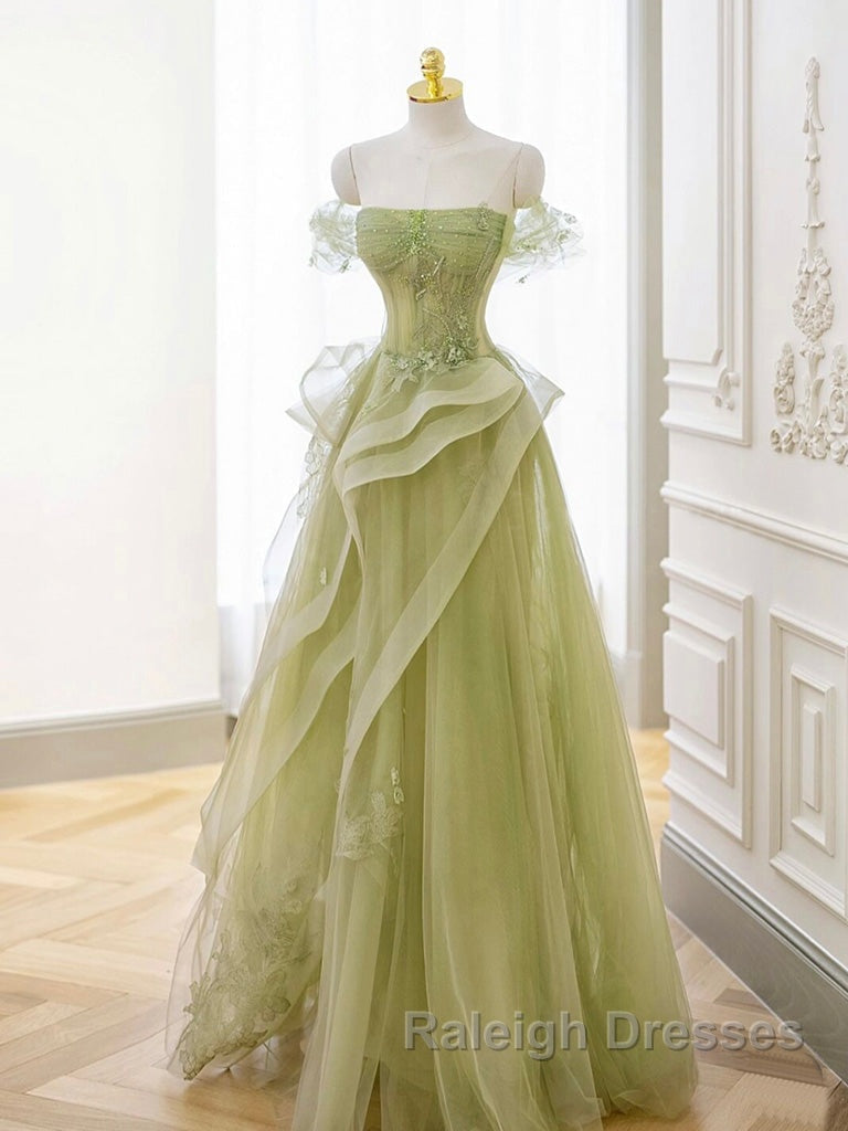 A Line Off Shoulder Green Lace Long Prom Dresses Green Prom Dresses